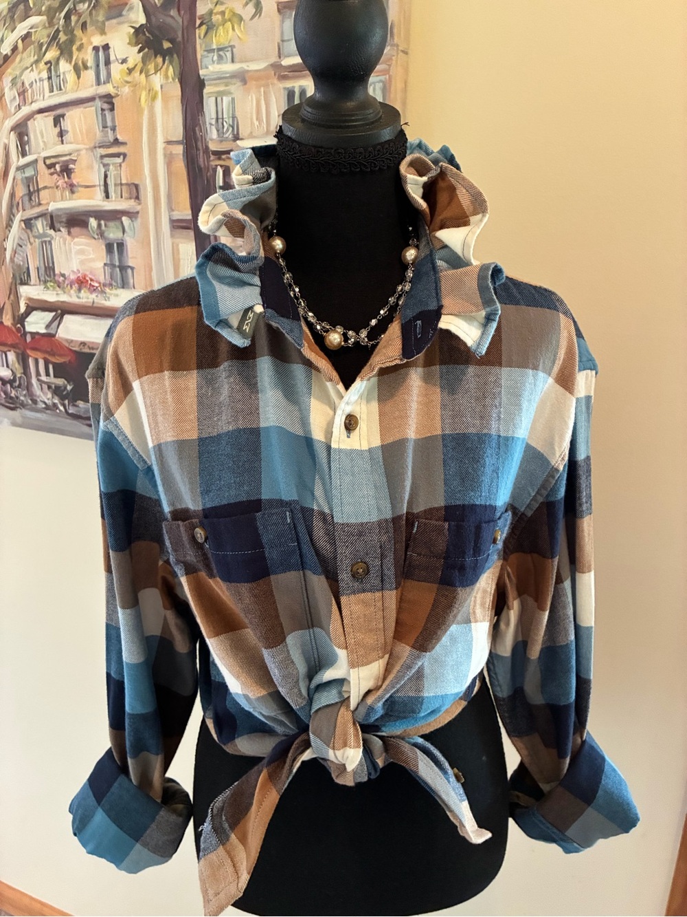 Ruffled Collar Plaid Button-Down Shirt - Blue & Brown - Picture 1 of 6